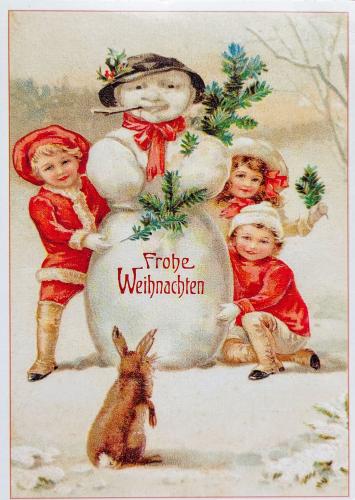 Vintage postcard with children and Christmas tree. Winter holidays.