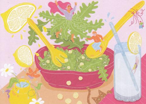 Fruit salad with lemon and cucumber on a pink background.