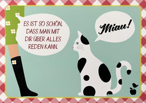 Cute hand drawn card with black and white spotted cat. Vector illustration.