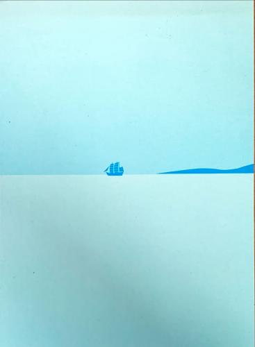 sailing boat on the sea, blue paper background, paper texture