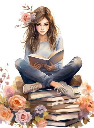 Young beautiful girl reading a book and sitting on a pile of books