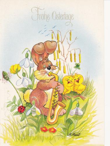 Hand drawn illustration of a cute rabbit with a saxophone and chickens