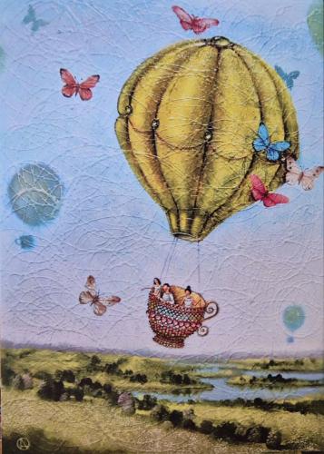 Hot air balloon in the sky with butterflies. Handmade painting.
