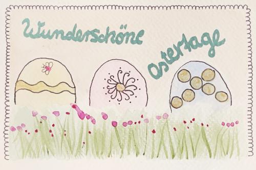 Easter postcard with painted eggs on green grass. Hand drawn illustration.