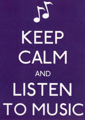 Keep calm and listen to music sign on a purple background, close up