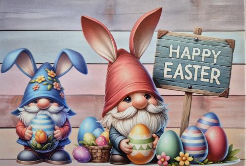 Easter greeting card with cute gnome, painted eggs and wooden sign
