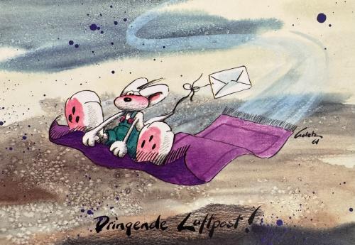 Illustration of a cute mouse flying in the sky with a letter