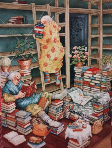 Old woman reading a book in her living room with many books and flowers