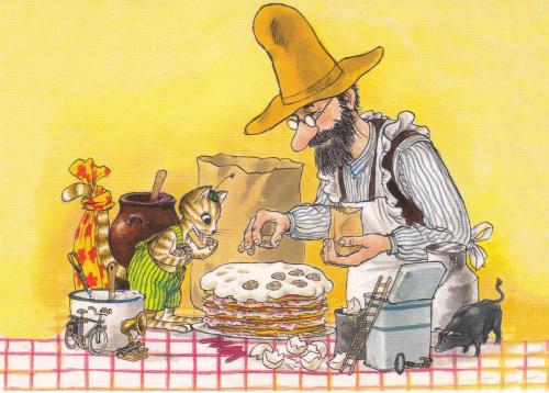 Illustration of a man with a beard in a hat and apron cooking pancakes
