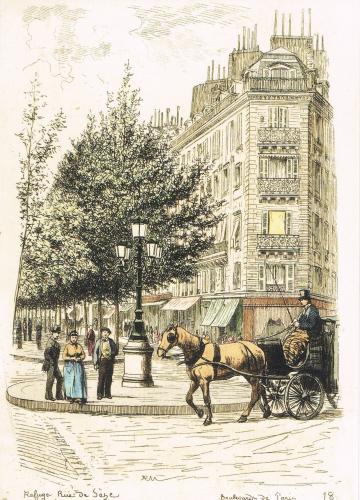 Victorian engraving of a street in Paris, France.