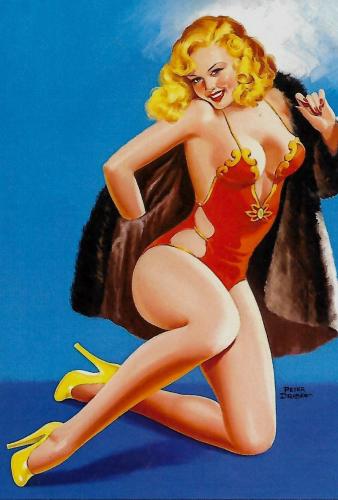 Fashion illustration of a beautiful blonde girl in a red bathing suit
