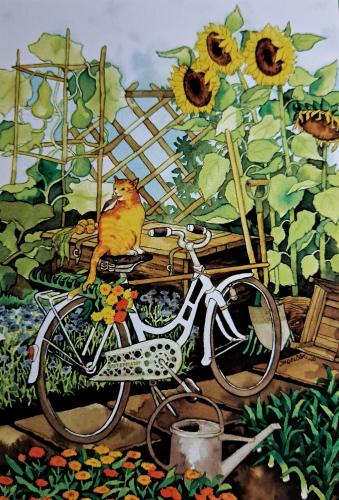 Bicycle with sunflowers and a cat on a background of sunflowers Bicycle with sunflowers and a cat on a background of sunflowers