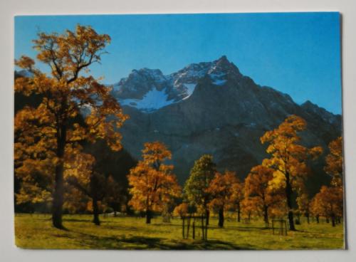 Autumn Landscape with colorful trees and mountains. Photo in old photo album