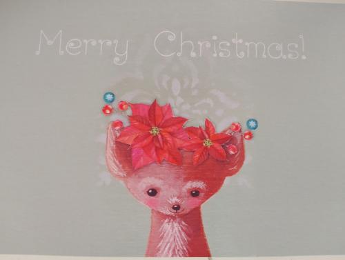 Christmas greeting card with a cute reindeer and poinsettia