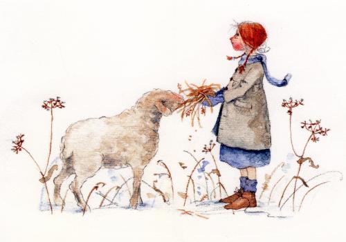 Illustration of a little girl walking with a sheep in the meadow