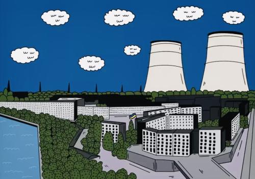 Nuclear power plant with clouds in the sky - illustration for children