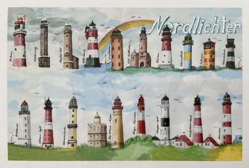 Morteley Lighthouse. Vintage postcard. Hand drawn illustration.