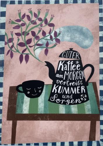 Coffee poster. Hand drawn illustration with coffee cup and kettle.