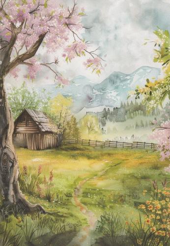 Watercolor painting of a rural landscape with a wooden house in the middle of a meadow and a blossoming cherry tree.