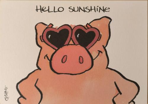 Hand drawn illustration of a pig with hearts for Valentine's Day.