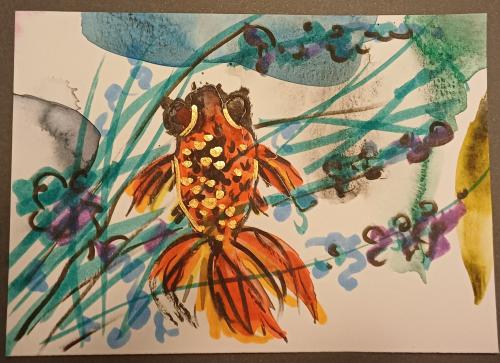 Watercolor painting of a goldfish. Hand-drawn illustration.