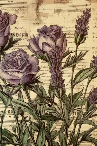 Vintage music sheet with rose and lavender. Hand drawn illustration.