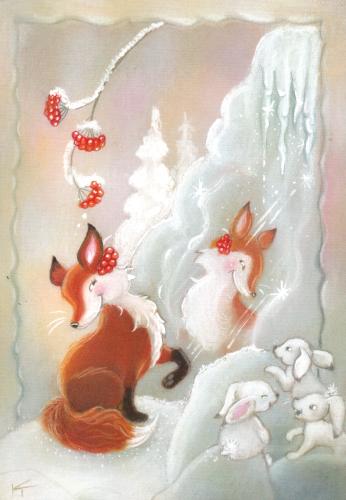 Christmas greeting card with a fox and a hare in the snow