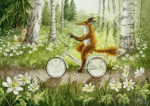 Vintage painting of a fox riding a bicycle in the forest.