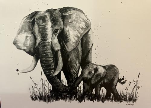 Elephant with her baby in the meadow. Black and white illustration.
