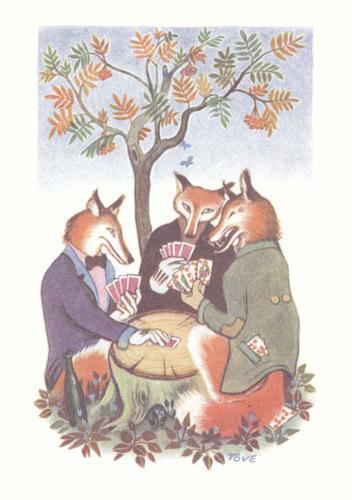 Illustration of a couple of foxes and a man drinking coffee