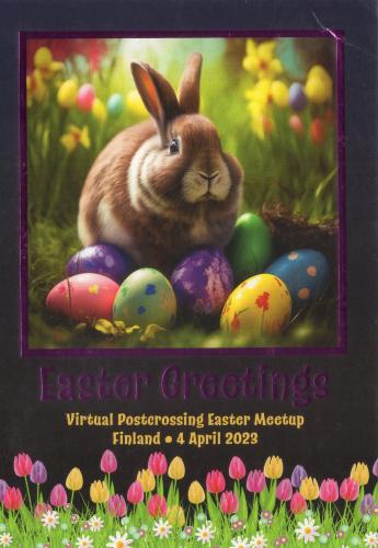 Easter card with rabbit and colorful eggs in the grass and flowers