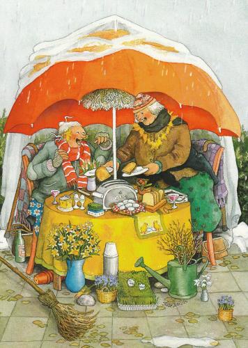 Painting of a family under an umbrella. Illustration made by hand.