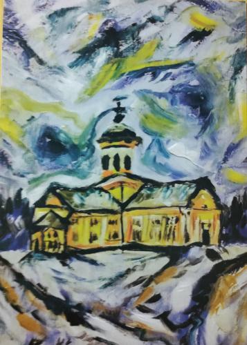 Hand drawn illustration of the church on a background of the night sky
