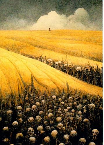 Rural landscape with wheat field and a man standing on the edge