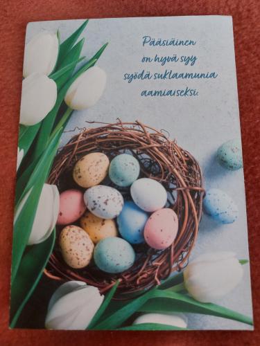 Easter eggs in a nest and tulips on a red background