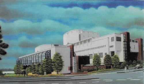 Oil painting on canvas. The building of the factory. Modern architecture.