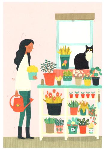 Woman watering plants in a flower shop. Hand drawn vintage illustration.