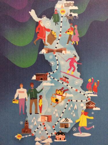 Christmas card with Santa Claus and people on the background of the map