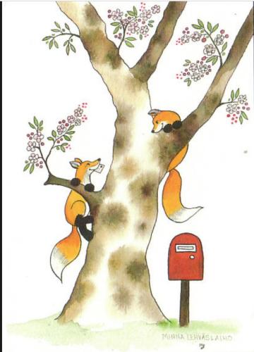 Illustration of a red squirrel in a tree with a mailbox.