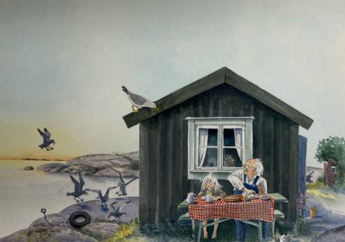 Wooden house with birds and a table with a plaid.