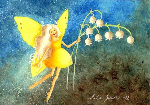 Watercolor illustration of a butterfly and lily of the valley.