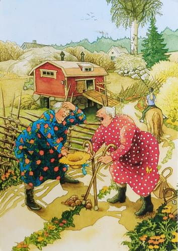 Old man and woman playing in the garden. Watercolor illustration.