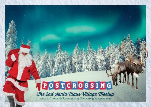 Christmas card with Santa Claus and reindeer in winter forest.