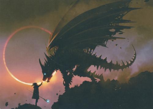 Vintage image of a dragon and a girl in the night.