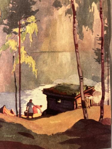 Watercolor painting of a woman sitting in a hut by the lake