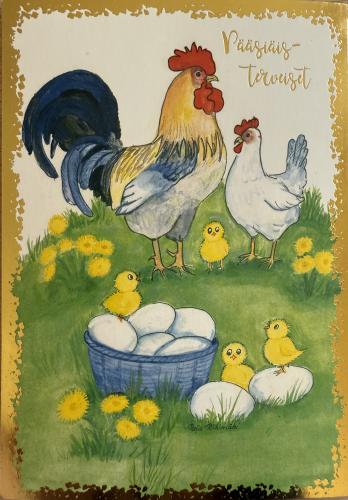 Easter greeting card with a chicken, chickens and eggs in a basket