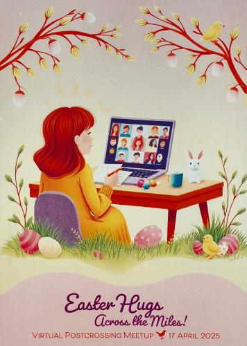 Easter greeting card with a young woman working on a computer.
