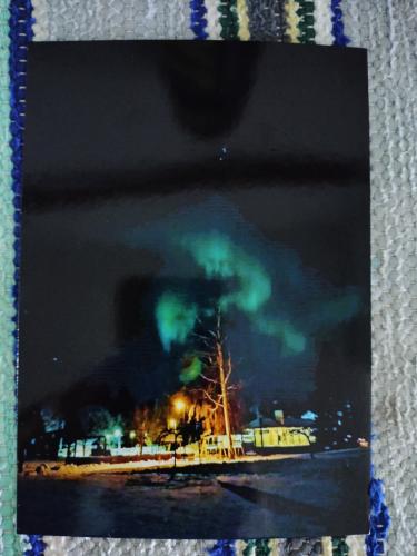 Watercolor painting of a night landscape with a tree and a lake.