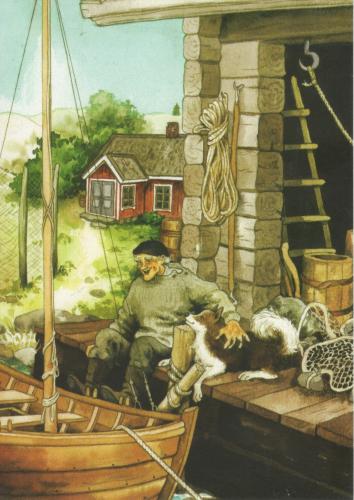 Fisherman and cat on a boat in the village. Vintage painting