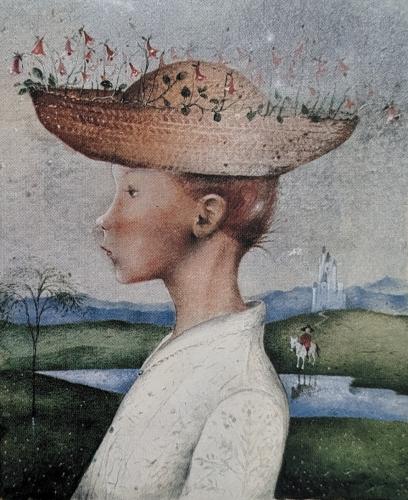 Portrait of a beautiful young woman in a hat. Vintage painting
